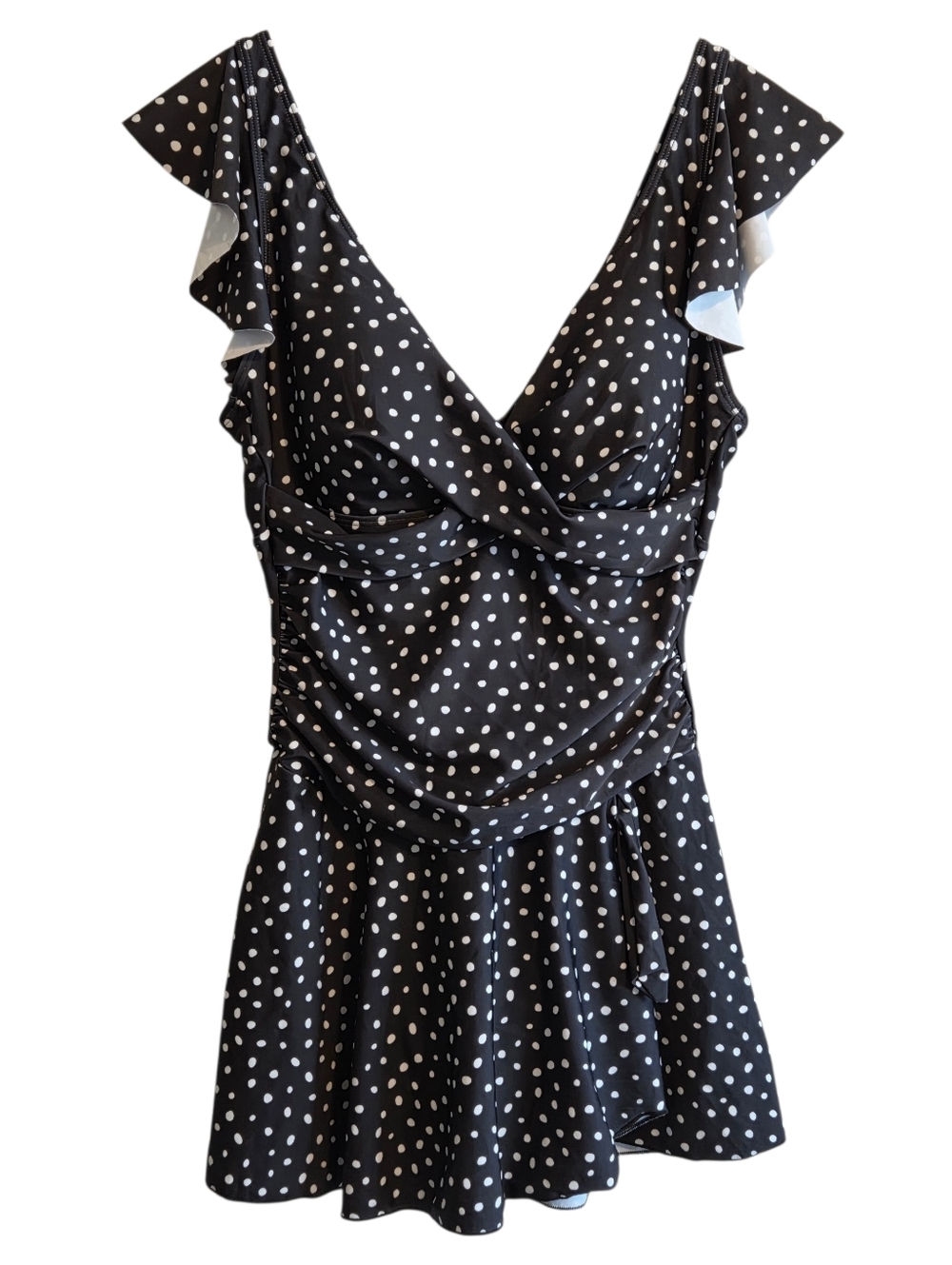 Aidonger Polka Dot Ruched Ruffle Cap Sleeve One-Piece Swim Dress Vacation Sz L